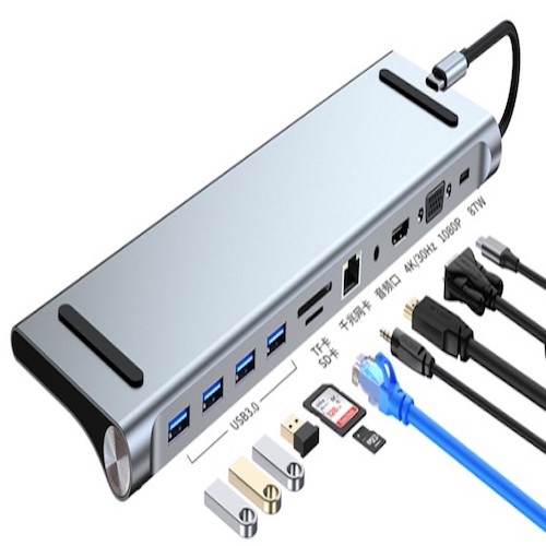 11-in-1 Type-C To  HDMI + USB 3.0*4 + RJ45 + VGA + PD + Audi